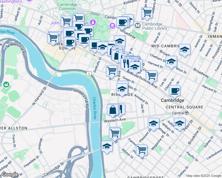map of restaurants, bars, coffee shops, grocery stores, and more near 132 Banks Street in Cambridge