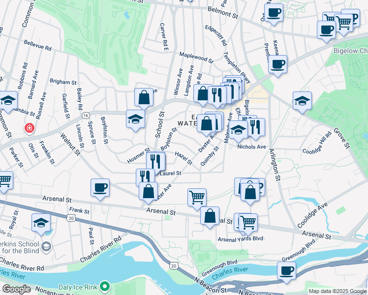 map of restaurants, bars, coffee shops, grocery stores, and more near 18 Fairfield Street in Watertown