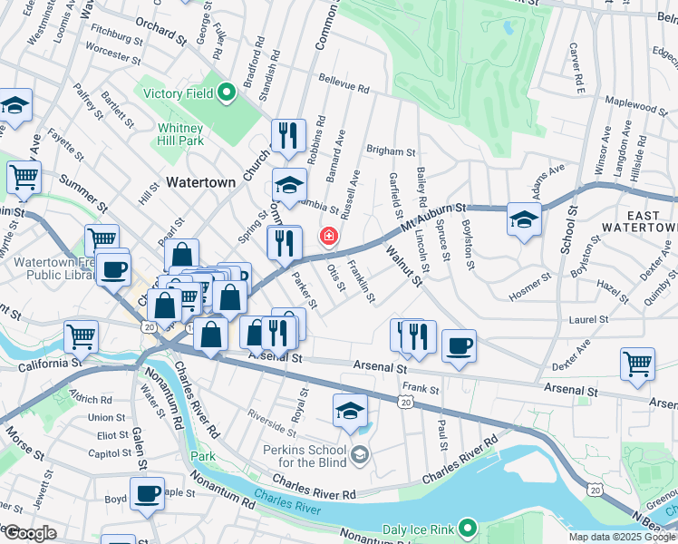 map of restaurants, bars, coffee shops, grocery stores, and more near 25 Otis Street in Watertown