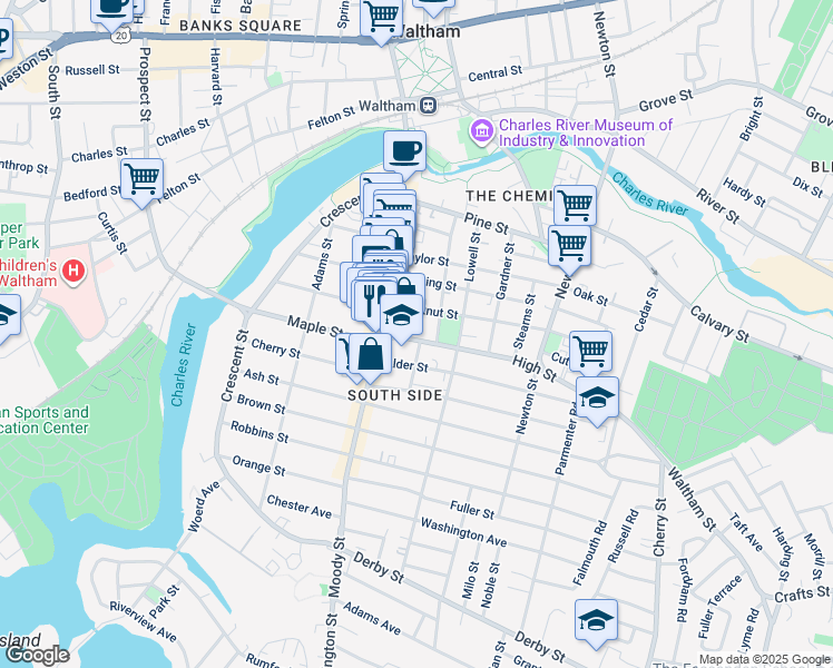 map of restaurants, bars, coffee shops, grocery stores, and more near 7 High Street in Waltham
