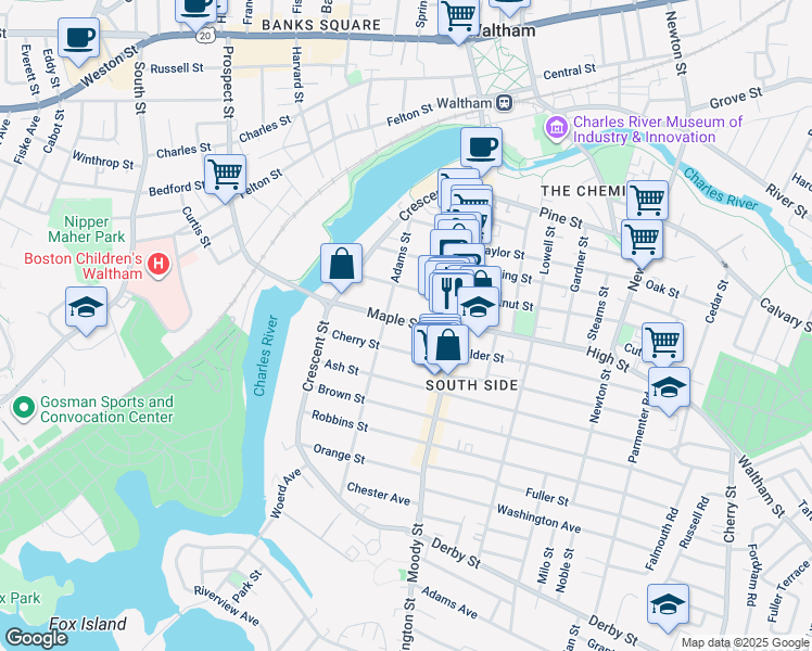 map of restaurants, bars, coffee shops, grocery stores, and more near 62 1/2 Cherry Street in Waltham