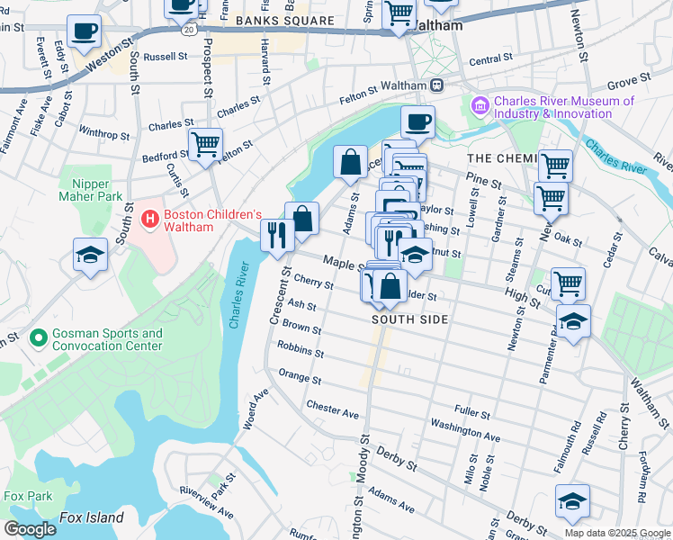 map of restaurants, bars, coffee shops, grocery stores, and more near 107 Adams Street in Waltham