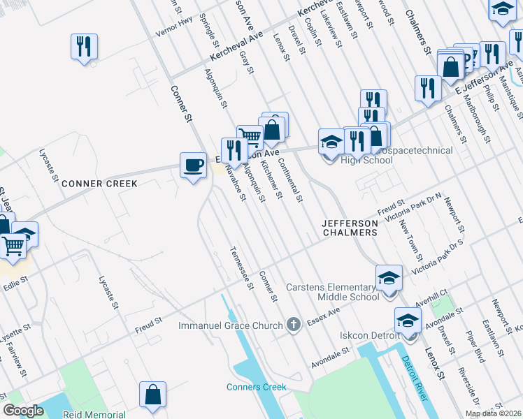 map of restaurants, bars, coffee shops, grocery stores, and more near 864 Navahoe Street in Detroit