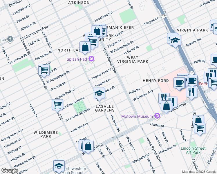 map of restaurants, bars, coffee shops, grocery stores, and more near 1985 Delaware Street in Detroit