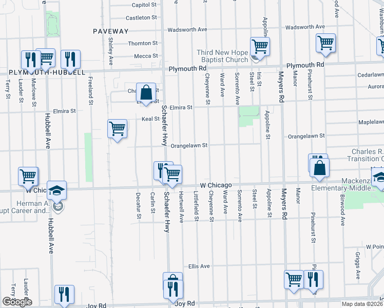 map of restaurants, bars, coffee shops, grocery stores, and more near 9614 Littlefield Street in Detroit