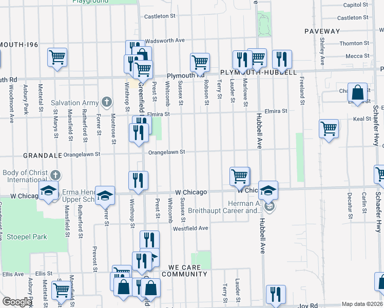 map of restaurants, bars, coffee shops, grocery stores, and more near 9643 Coyle Street in Detroit