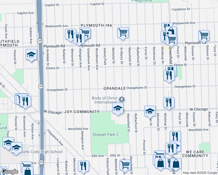 map of restaurants, bars, coffee shops, grocery stores, and more near in Detroit