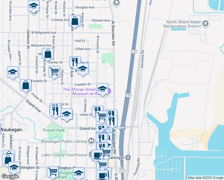 map of restaurants, bars, coffee shops, grocery stores, and more near 525 South Genesee Street in Waukegan