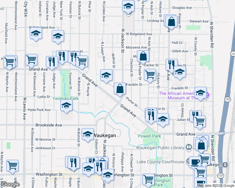 map of restaurants, bars, coffee shops, grocery stores, and more near in Waukegan