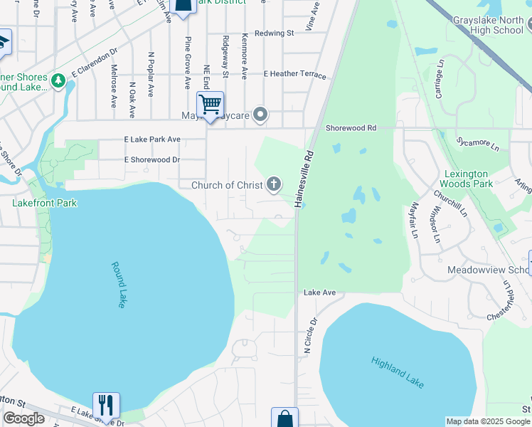 map of restaurants, bars, coffee shops, grocery stores, and more near 511 East Lake Avenue in Round Lake Beach