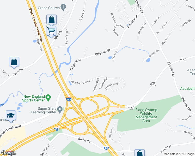 map of restaurants, bars, coffee shops, grocery stores, and more near 18 Austen Way in Marlborough