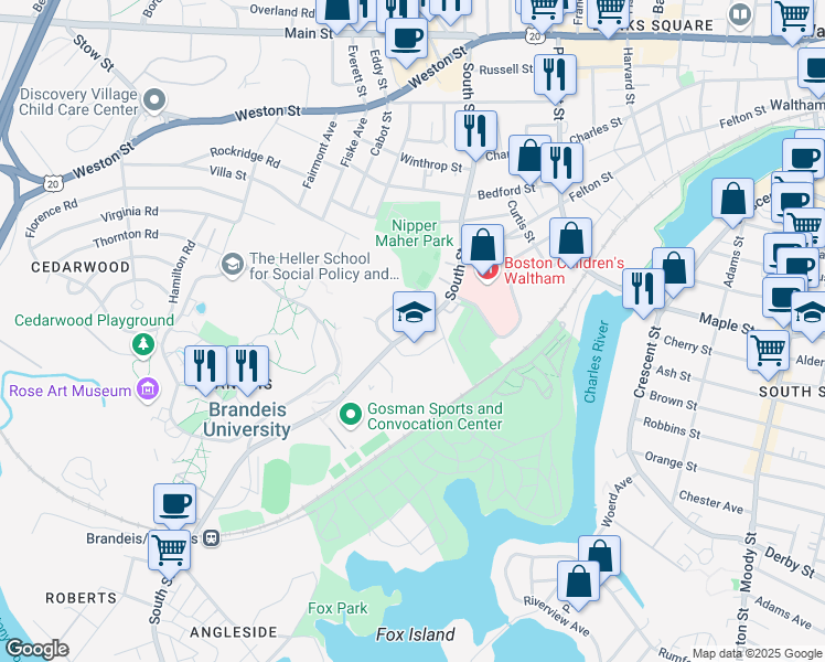 map of restaurants, bars, coffee shops, grocery stores, and more near 750 Main Street in Waltham