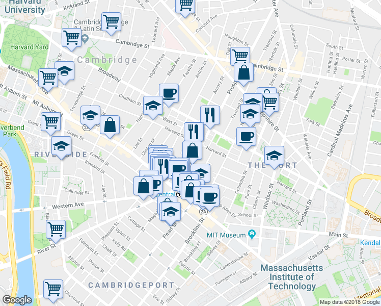 map of restaurants, bars, coffee shops, grocery stores, and more near 99 Prospect St in Mid-Cambridge