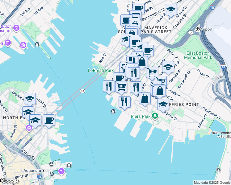 map of restaurants, bars, coffee shops, grocery stores, and more near 11 Lewis Street in Boston