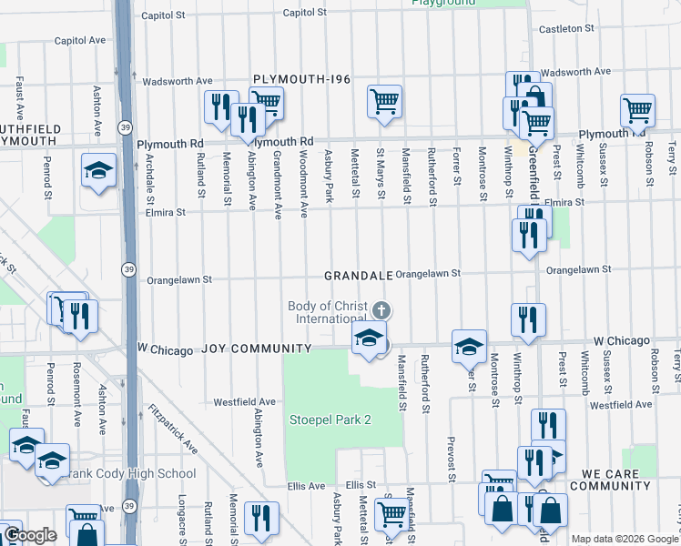 map of restaurants, bars, coffee shops, grocery stores, and more near in Detroit