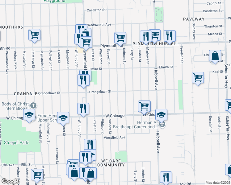 map of restaurants, bars, coffee shops, grocery stores, and more near 9643 Coyle Street in Detroit