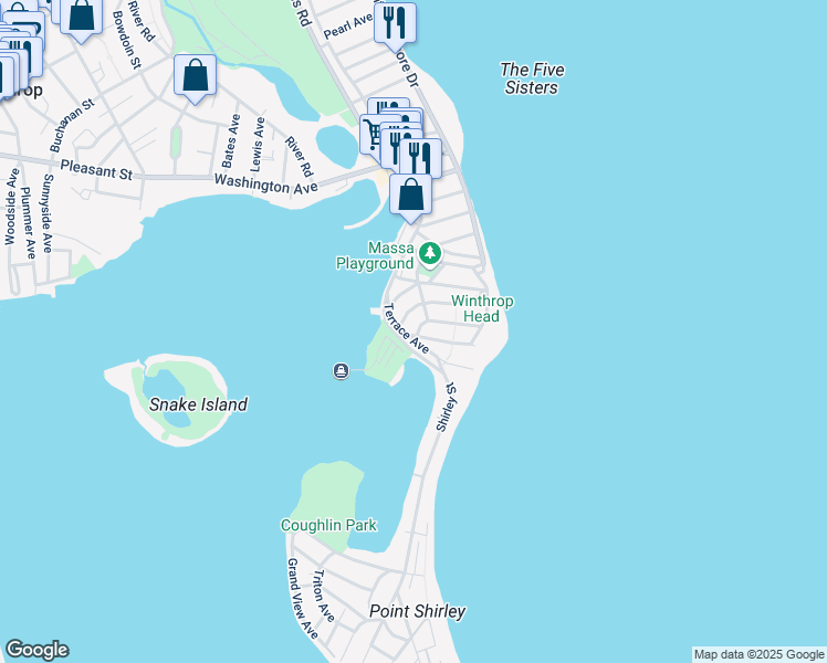 map of restaurants, bars, coffee shops, grocery stores, and more near 711 Shirley Street in Winthrop