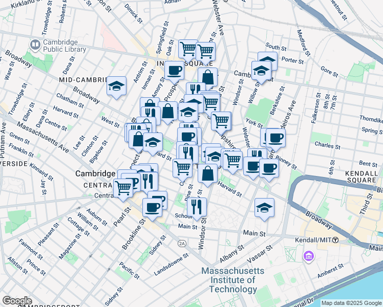 map of restaurants, bars, coffee shops, grocery stores, and more near 268 Broadway in Cambridge