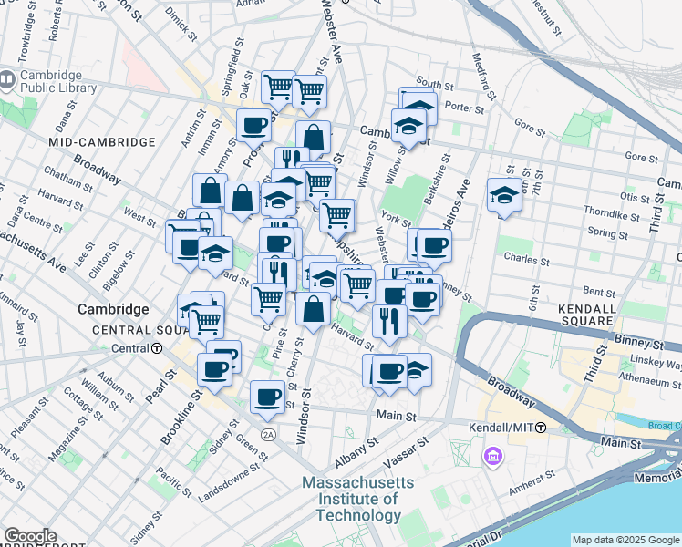 map of restaurants, bars, coffee shops, grocery stores, and more near in Cambridge