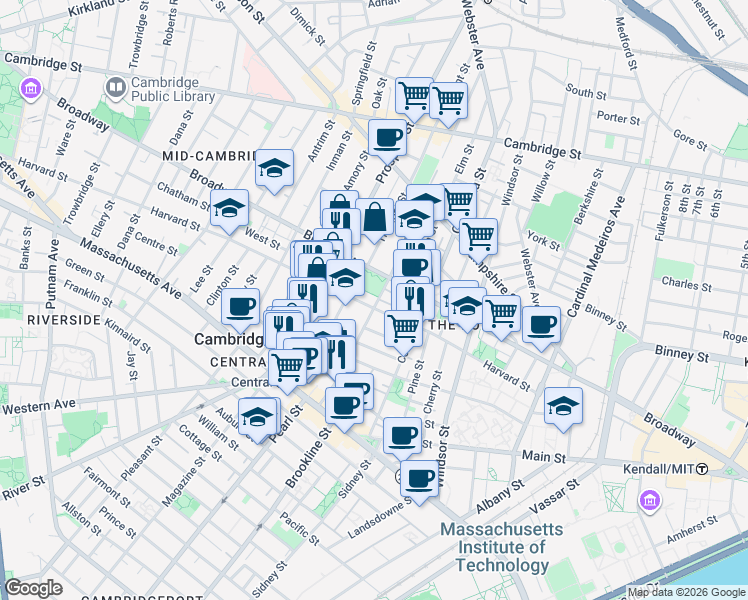 map of restaurants, bars, coffee shops, grocery stores, and more near 135 Norfolk Street in Cambridge