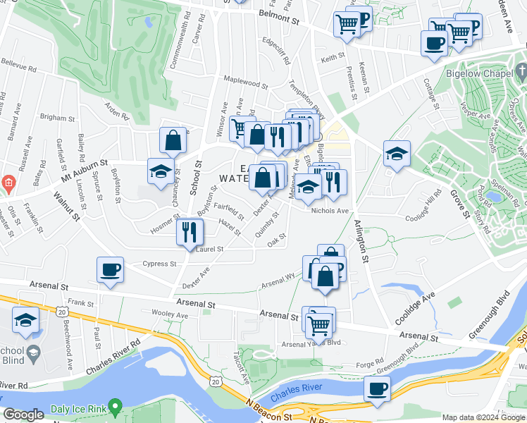 map of restaurants, bars, coffee shops, grocery stores, and more near 70 Dexter Avenue in Watertown