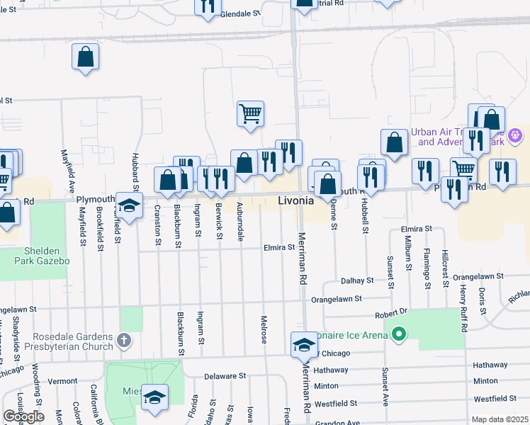 map of restaurants, bars, coffee shops, grocery stores, and more near 11424 Melrose in Livonia