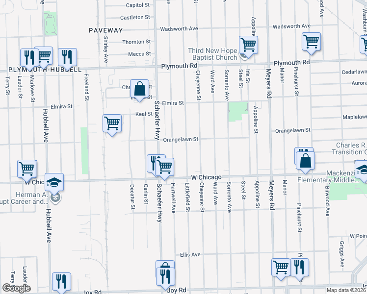 map of restaurants, bars, coffee shops, grocery stores, and more near 9614 Littlefield Street in Detroit