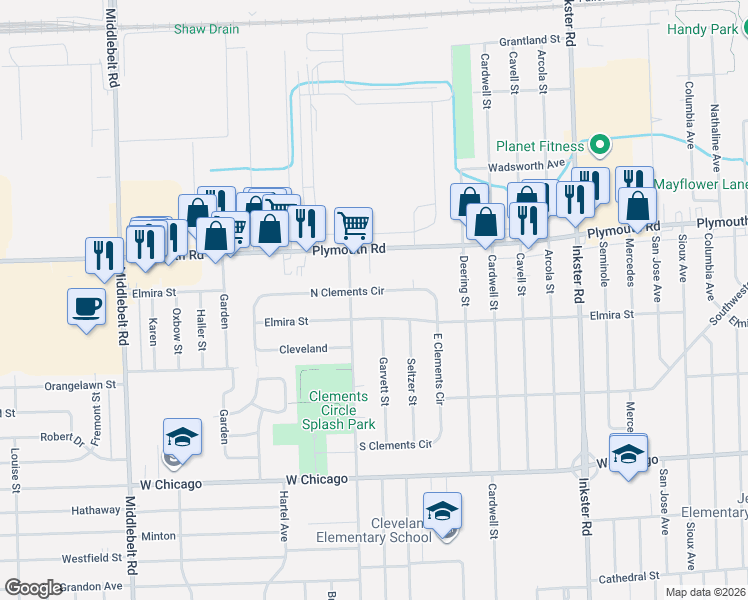 map of restaurants, bars, coffee shops, grocery stores, and more near 28214 Elmira Street in Livonia