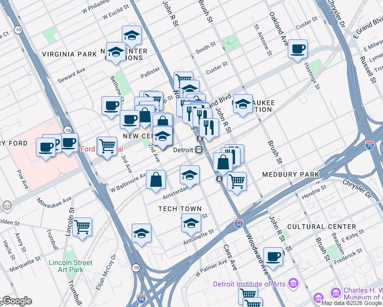 map of restaurants, bars, coffee shops, grocery stores, and more near 401 West Baltimore Street in Detroit