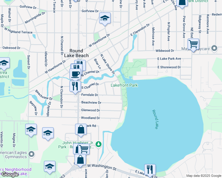 map of restaurants, bars, coffee shops, grocery stores, and more near 1025 North Shoreland Court in Round Lake Beach