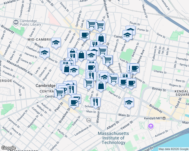 map of restaurants, bars, coffee shops, grocery stores, and more near Broadway & Columbia Street in Cambridge
