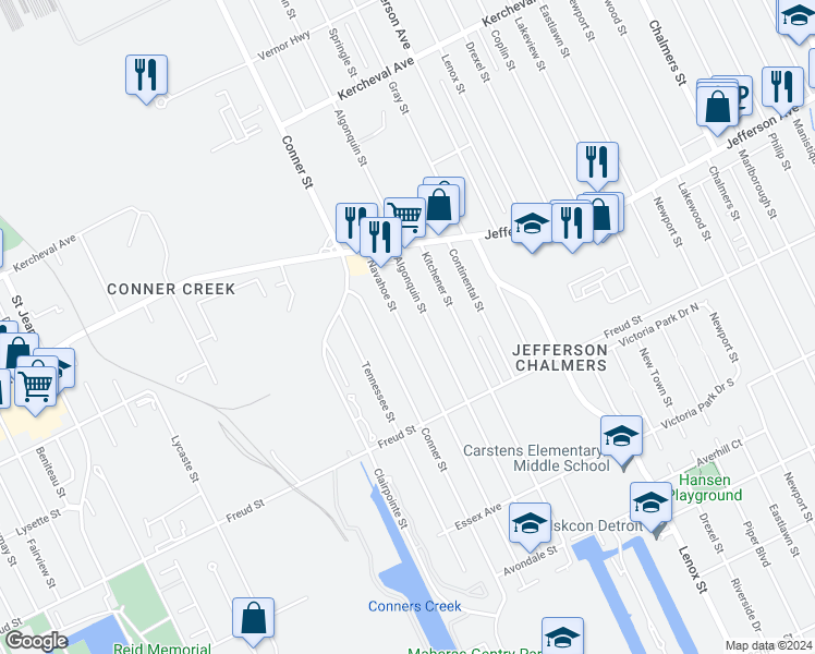 map of restaurants, bars, coffee shops, grocery stores, and more near 894 Navahoe Street in Detroit