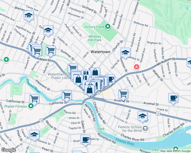 map of restaurants, bars, coffee shops, grocery stores, and more near 48 Summer Street in Watertown