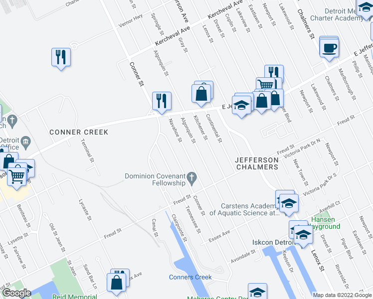 map of restaurants, bars, coffee shops, grocery stores, and more near 892 Navahoe Street in Detroit