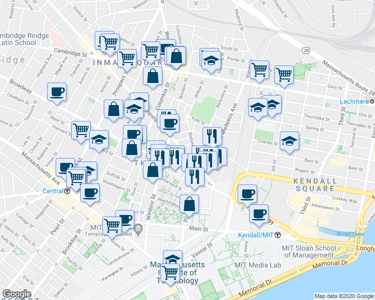 map of restaurants, bars, coffee shops, grocery stores, and more near 67B Hampshire Street in Cambridge