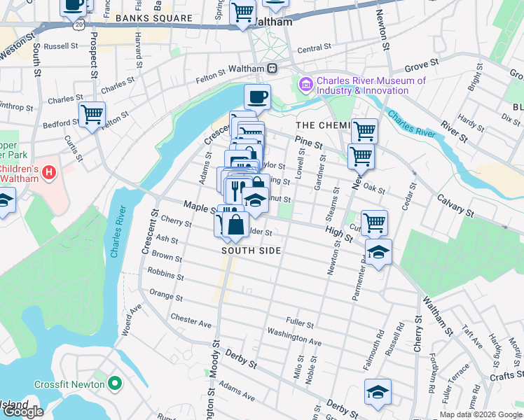 map of restaurants, bars, coffee shops, grocery stores, and more near 7 High Street in Waltham