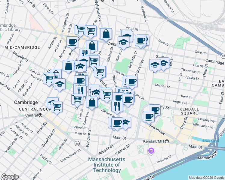 map of restaurants, bars, coffee shops, grocery stores, and more near 86 Bristol Street in Cambridge