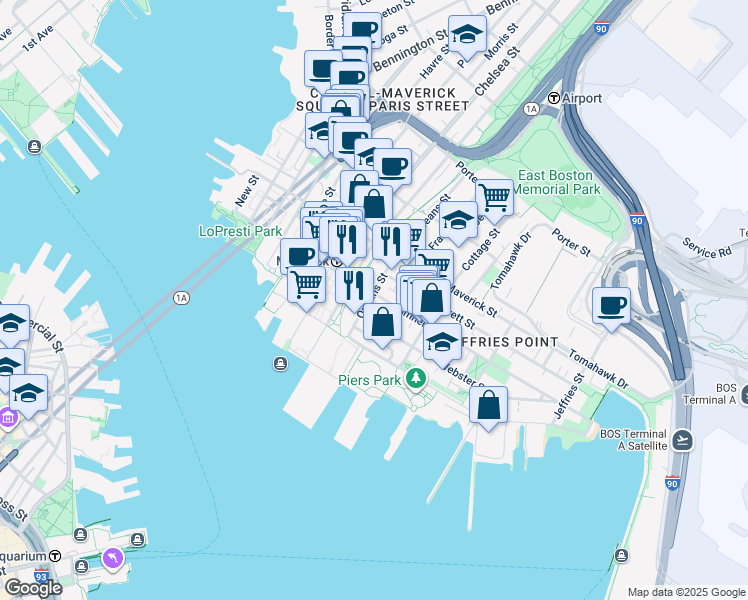 map of restaurants, bars, coffee shops, grocery stores, and more near 45 Orleans Street in Boston
