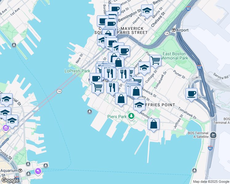 map of restaurants, bars, coffee shops, grocery stores, and more near 245 Sumner Street in Boston