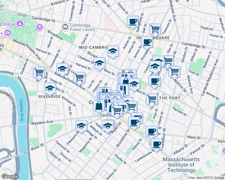 map of restaurants, bars, coffee shops, grocery stores, and more near 151 Bishop Allen Drive in Cambridge