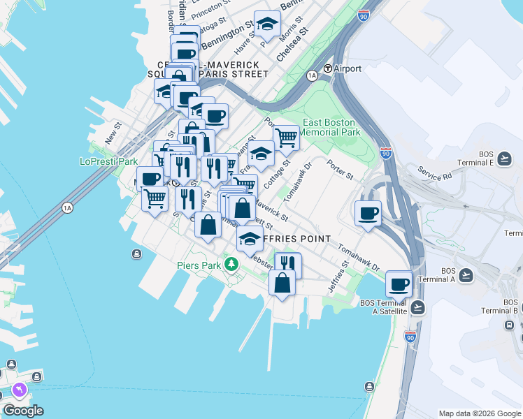 map of restaurants, bars, coffee shops, grocery stores, and more near 98 Everett Street in Boston