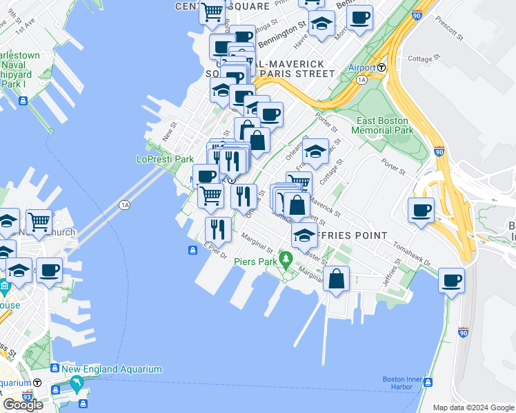 map of restaurants, bars, coffee shops, grocery stores, and more near 30 Orleans Street in Boston