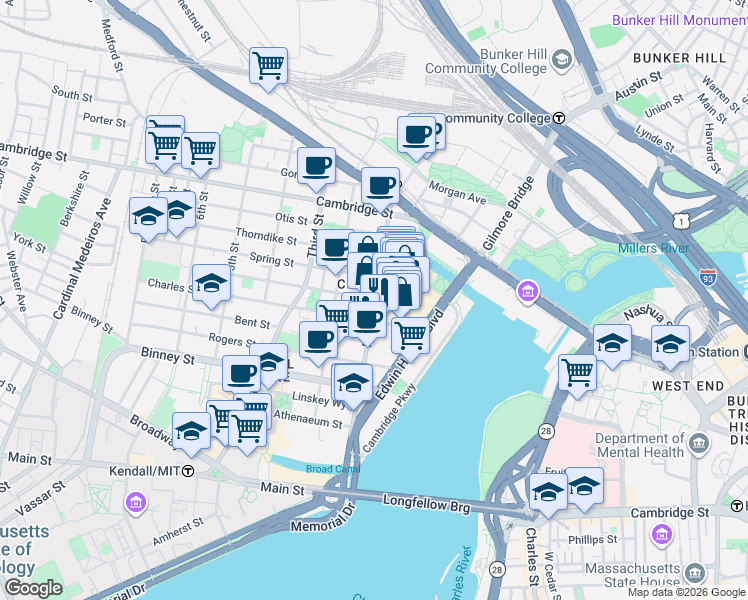 map of restaurants, bars, coffee shops, grocery stores, and more near 100 Cambridgeside Place in Cambridge