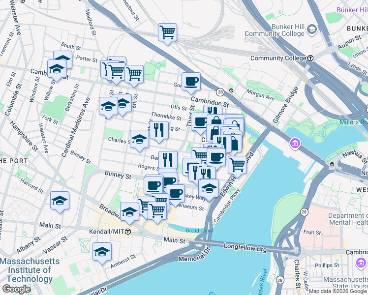 map of restaurants, bars, coffee shops, grocery stores, and more near 91 Charles Street in Cambridge
