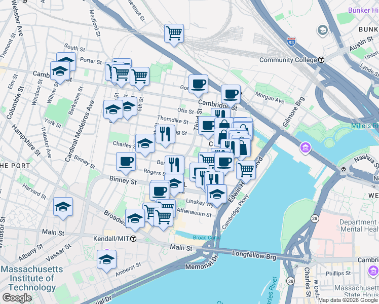map of restaurants, bars, coffee shops, grocery stores, and more near 91 Charles Street in Cambridge