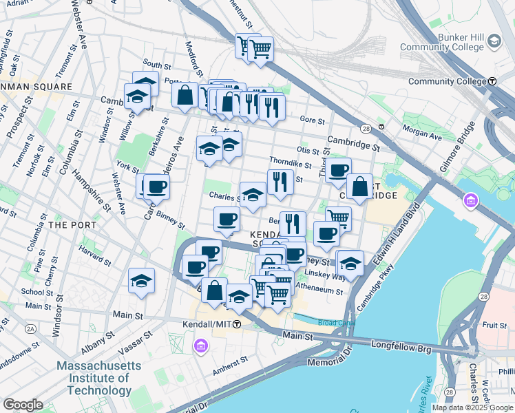 map of restaurants, bars, coffee shops, grocery stores, and more near 254 Bent Street in Cambridge