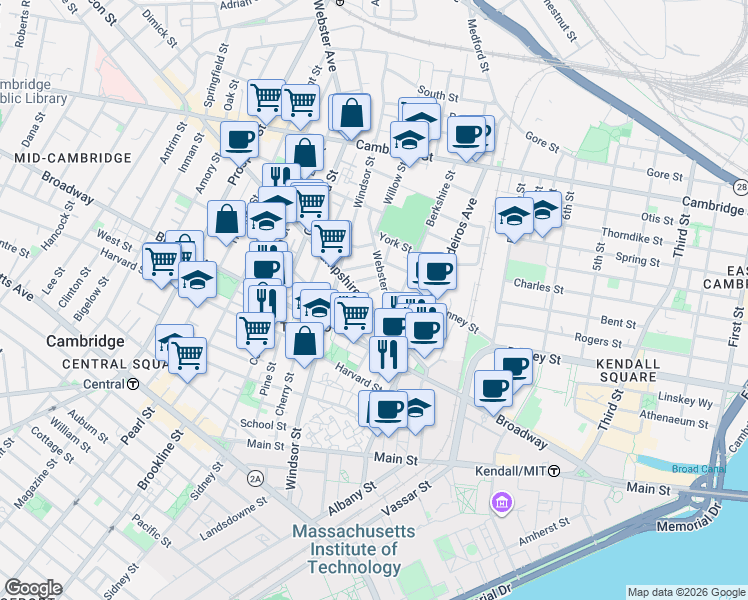 map of restaurants, bars, coffee shops, grocery stores, and more near 86 Bristol Street in Cambridge