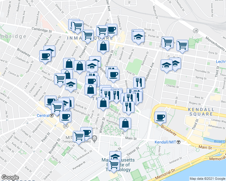 map of restaurants, bars, coffee shops, grocery stores, and more near in Cambridge