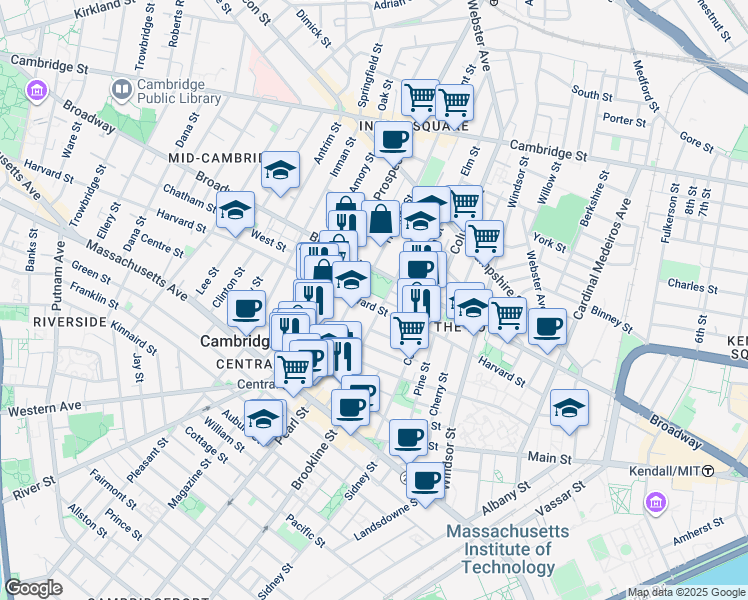 map of restaurants, bars, coffee shops, grocery stores, and more near 135 Norfolk Street in Cambridge