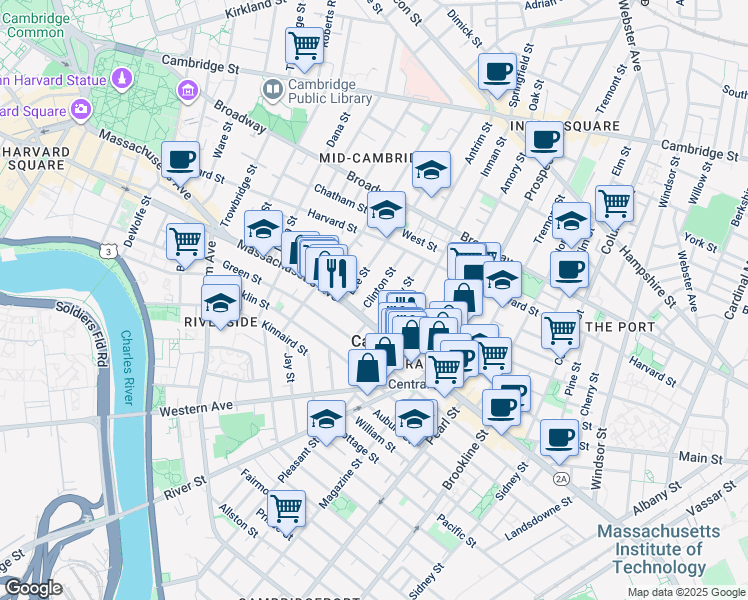 map of restaurants, bars, coffee shops, grocery stores, and more near 5 Bigelow Street in Cambridge